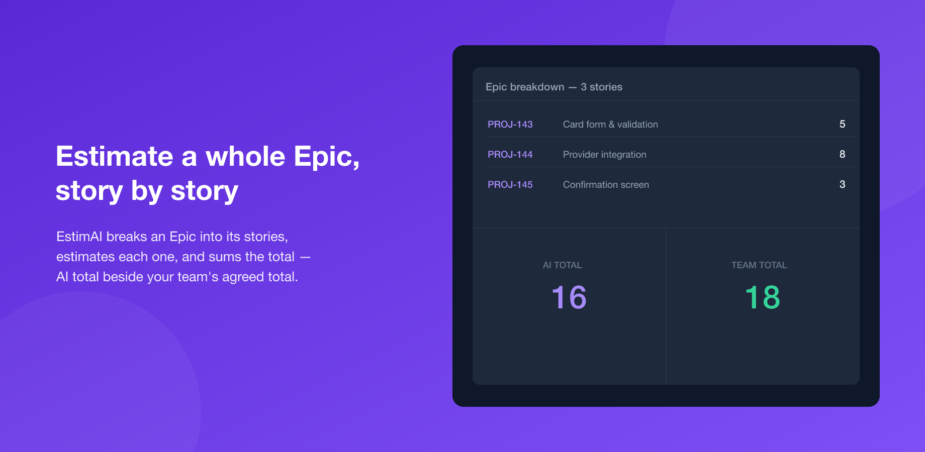 Epic total view with per-task story point breakdown